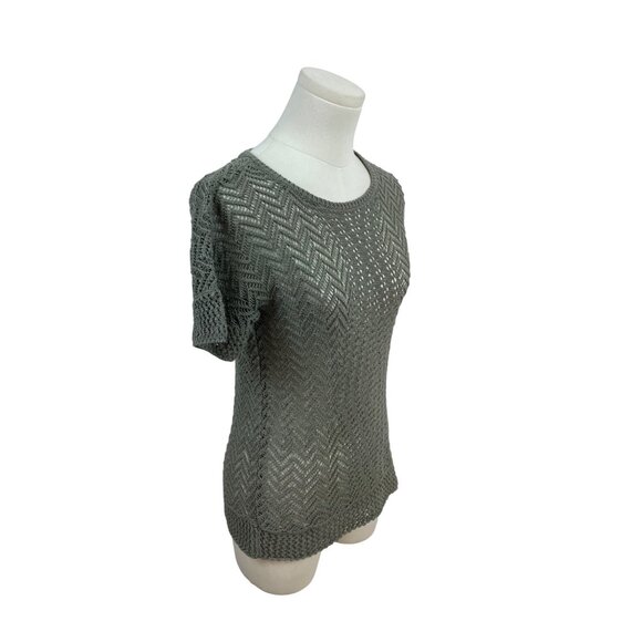 Chicos Open Knit Short Sleeve Sweater Top Gray Chevron Pattern Size 00 - Picture 2 of 6